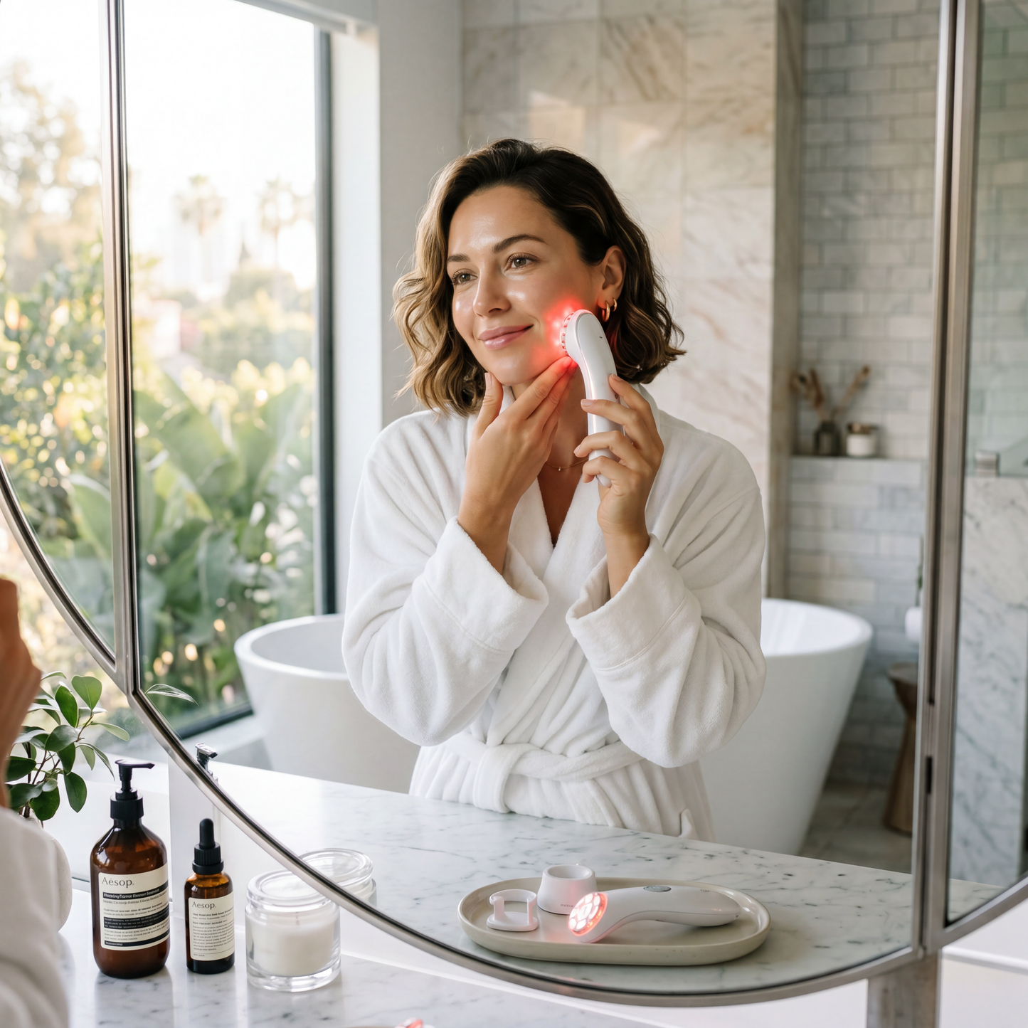 LumyraGlow™ — femeie folosind masajorul facial în baie